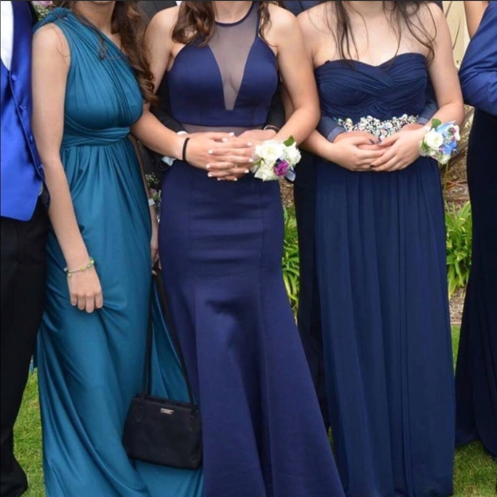 Elegant Blue Mermaid Style Dress Size 0 Prom, Mesh Plunge Inset